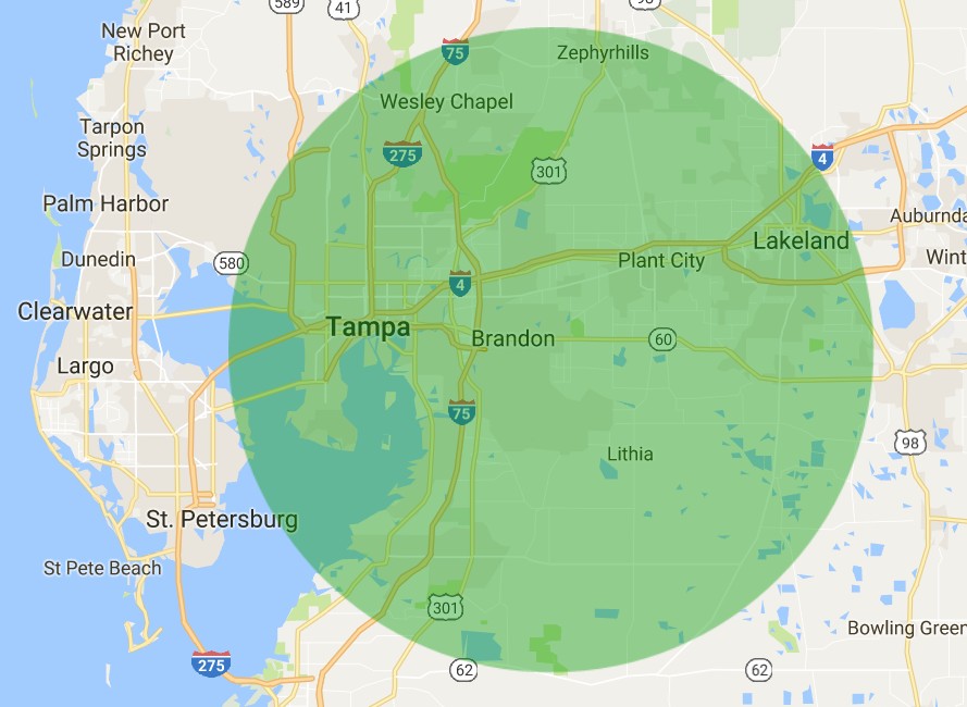 map of the PF auto Glass service area for auto glass replacement